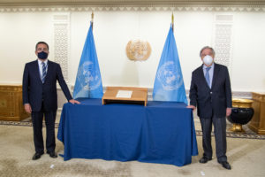 Andreas Hadjichrysanthou (left), new Permanent Representative of Republic of Cyprus to the United Nations, pays a courtesy call to Secretary-General António Guterres.