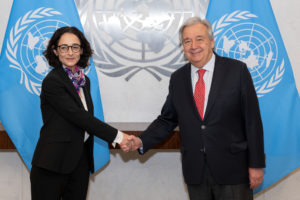 Maria Michail (left), Permanent Representative of the Republic of Cyprus to the United Nations, presents her credentials to Secretary-General António Guterres.